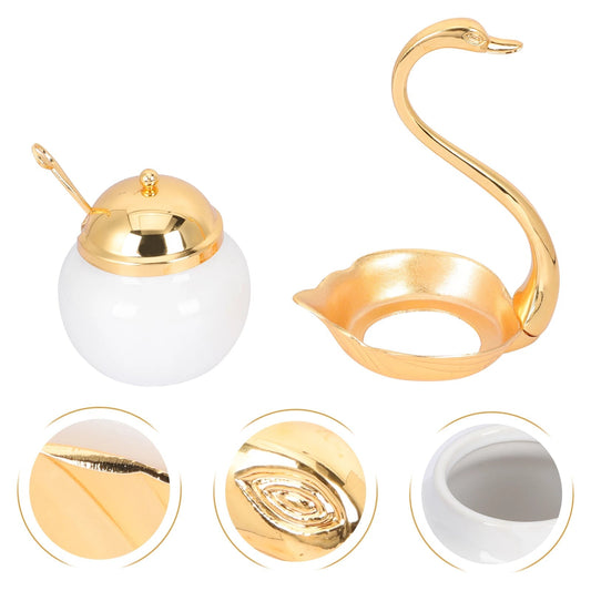 Aluminum Alloy Condiment Pot Seasoning Container Spice Glass Jar Salt Sugar Bowl Pepper Coffee Storage Organizer Swan Rack Set