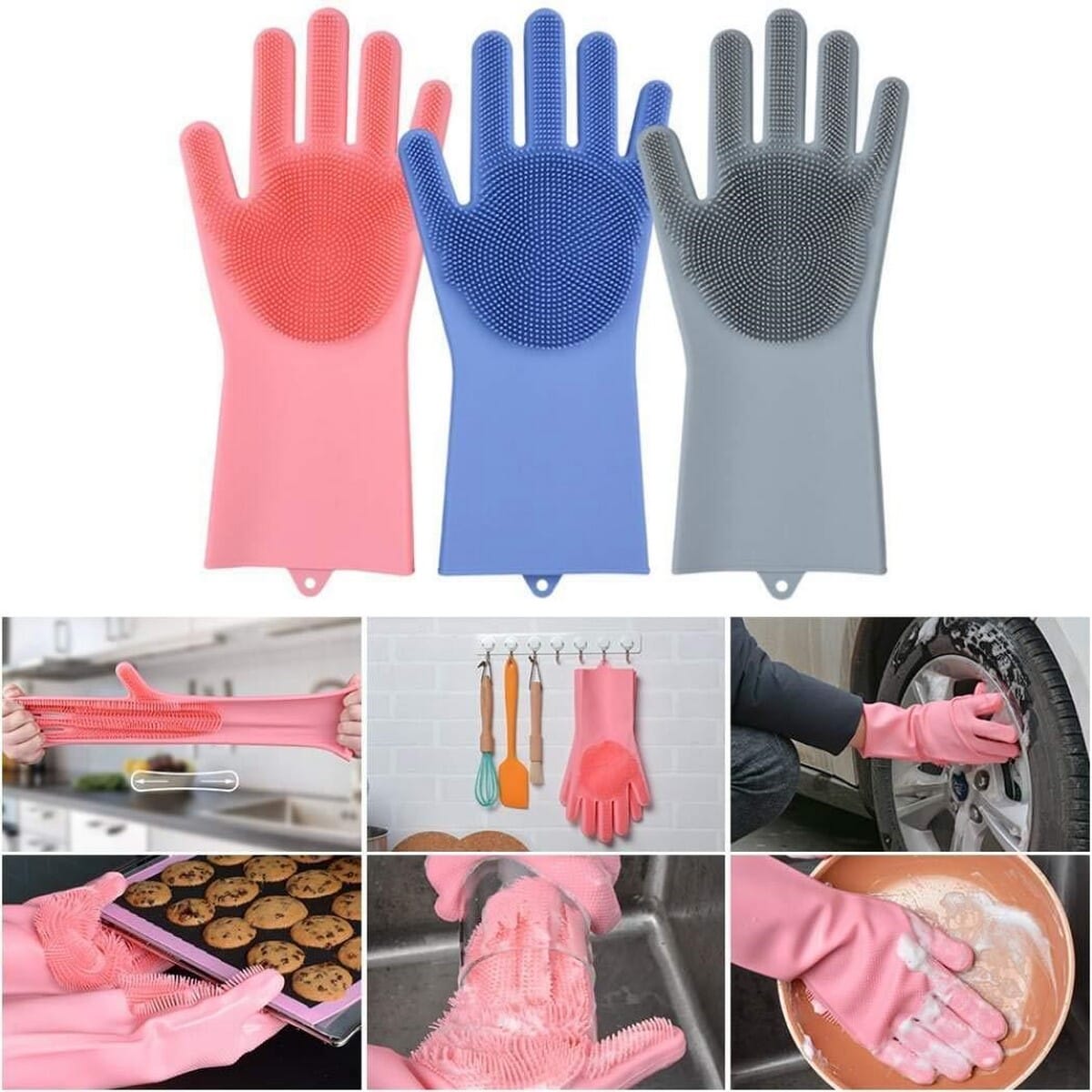 2 Pair (4PCS) Magic Dish washing Gloves with scrubber, Silicone Cleaning Reusable Scrub Gloves for Wash Dish