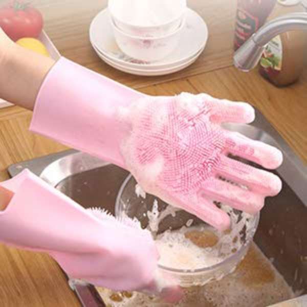 2 Pair (4PCS) Magic Dish washing Gloves with scrubber, Silicone Cleaning Reusable Scrub Gloves for Wash Dish