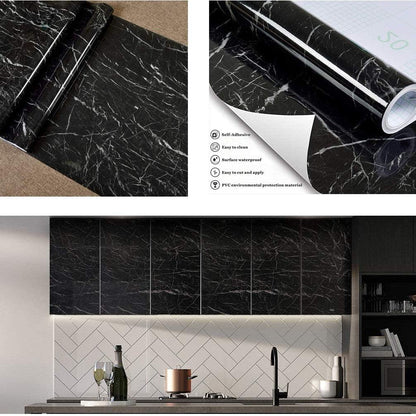 Self Adhesive Black & White Marble Sheet for Kitchen / Waterproof Anti Oil & Heat Resistant Wallpaper Sheet (2 Feet x 6.5 feet)